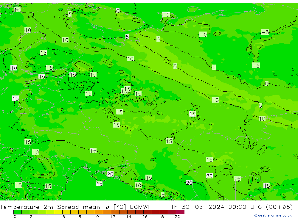 mapa temperatury 2m Spread ECMWF czw. 30.05.2024 00 UTC