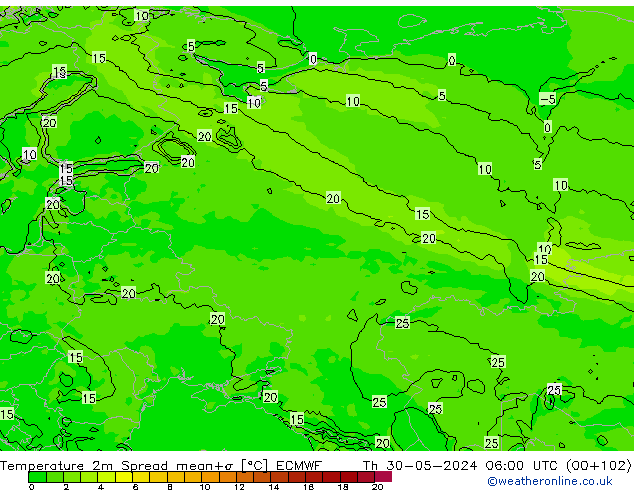 Temperature 2m Spread ECMWF Th 30.05.2024 06 UTC