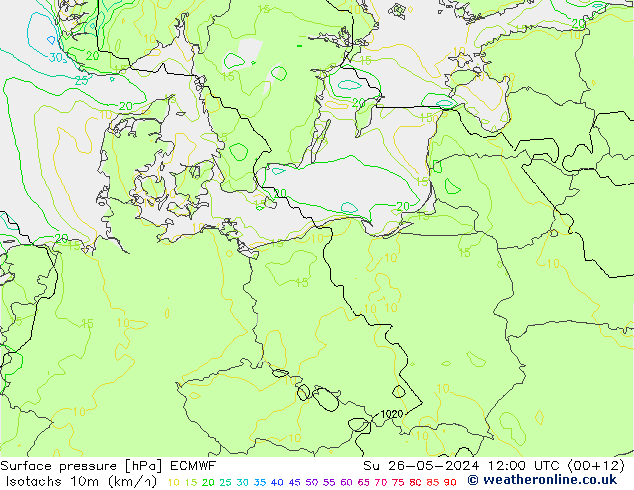 Isotachs (kph) ECMWF Su 26.05.2024 12 UTC