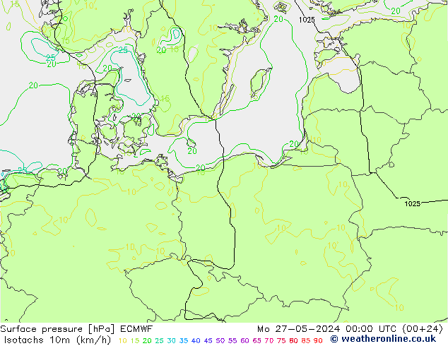 Isotachs (kph) ECMWF пн 27.05.2024 00 UTC