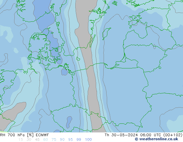 RH 700 гПа ECMWF чт 30.05.2024 06 UTC