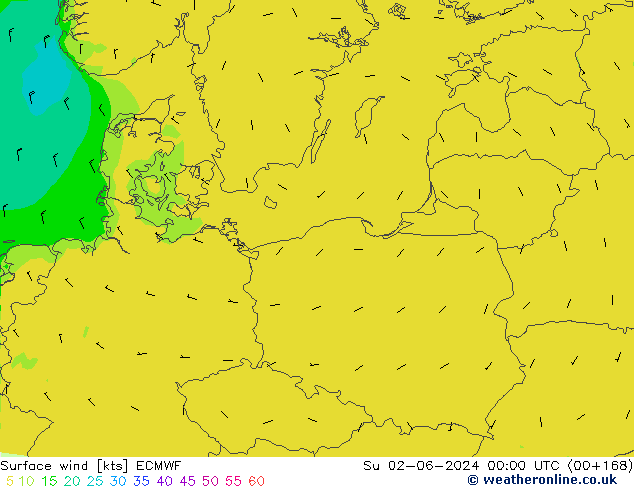 wiatr 10 m ECMWF nie. 02.06.2024 00 UTC