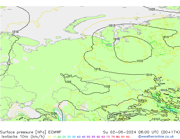 Isotaca (kph) ECMWF dom 02.06.2024 06 UTC