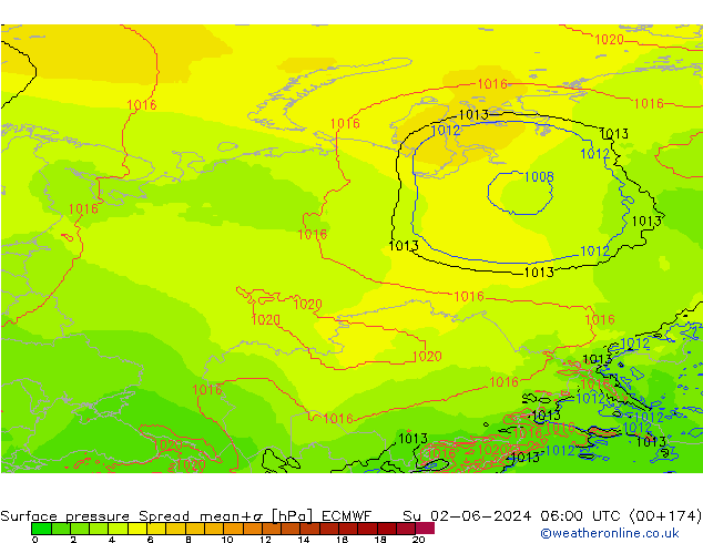 Luchtdruk op zeeniveau Spread ECMWF zo 02.06.2024 06 UTC