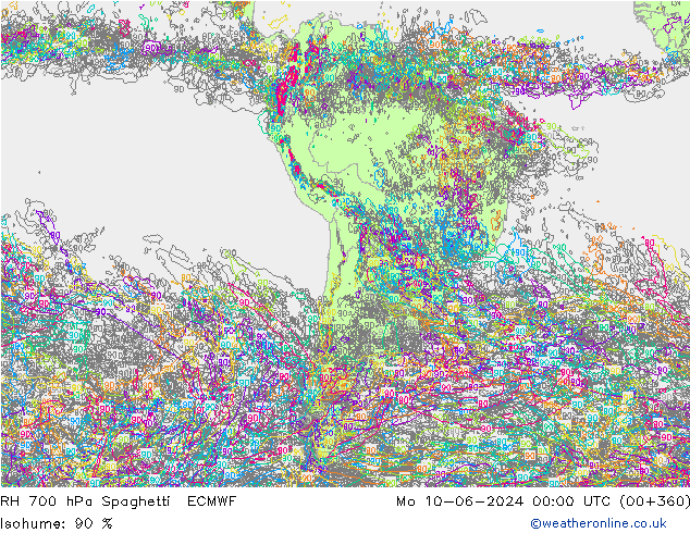 RH 700 hPa Spaghetti ECMWF Mo 10.06.2024 00 UTC