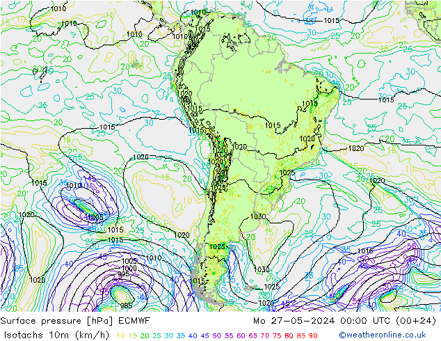 Isotaca (kph) ECMWF lun 27.05.2024 00 UTC