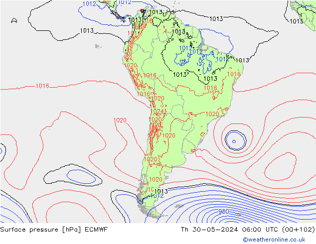 pressão do solo ECMWF Qui 30.05.2024 06 UTC