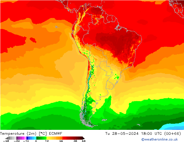 mapa temperatury (2m) ECMWF wto. 28.05.2024 18 UTC