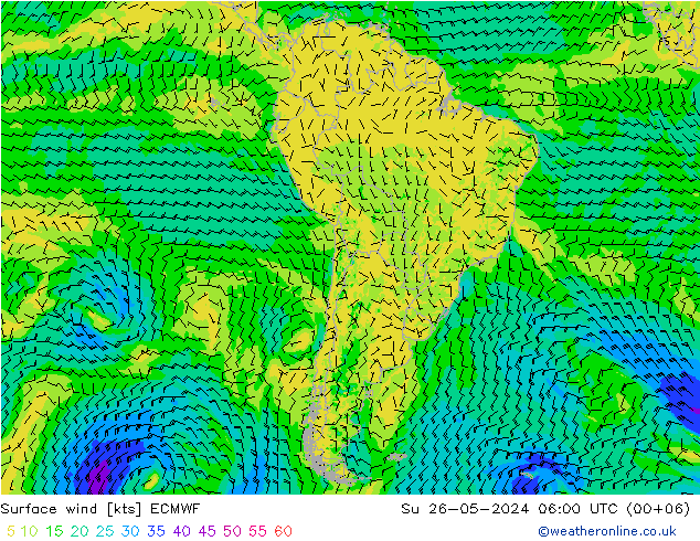 wiatr 10 m ECMWF nie. 26.05.2024 06 UTC