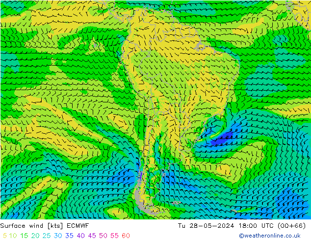 wiatr 10 m ECMWF wto. 28.05.2024 18 UTC