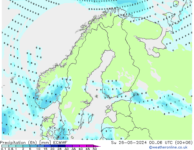 осадки (6h) ECMWF Вс 26.05.2024 06 UTC