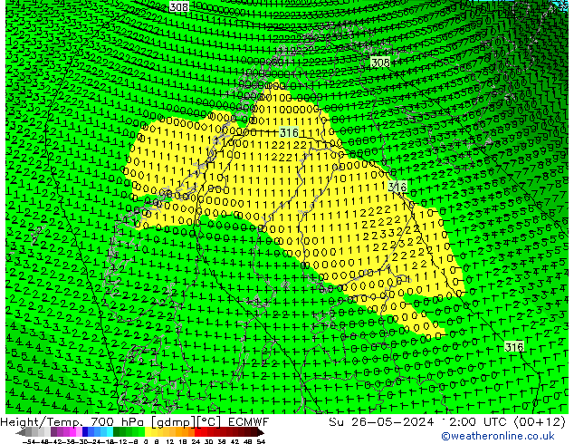 Yükseklik/Sıc. 700 hPa ECMWF Paz 26.05.2024 12 UTC