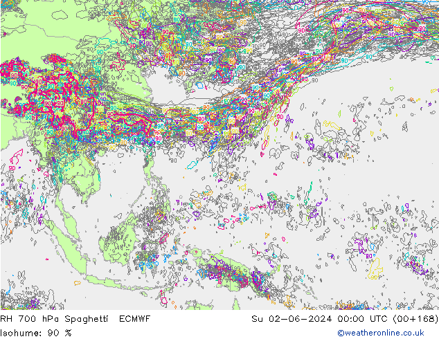 RH 700 hPa Spaghetti ECMWF nie. 02.06.2024 00 UTC