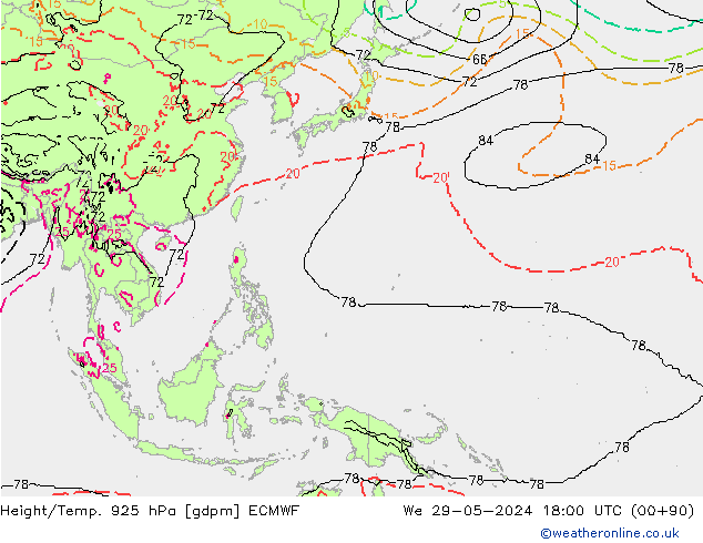 Hoogte/Temp. 925 hPa ECMWF wo 29.05.2024 18 UTC