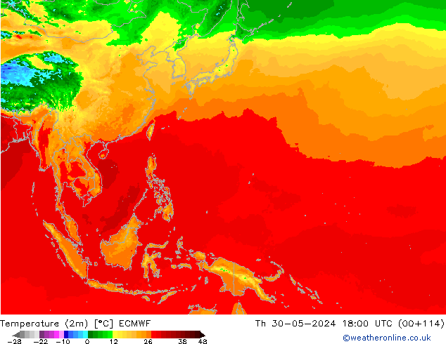 mapa temperatury (2m) ECMWF czw. 30.05.2024 18 UTC