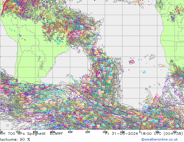RH 700 hPa Spaghetti ECMWF  31.05.2024 18 UTC
