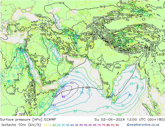 Isotachs (kph) ECMWF Dom 02.06.2024 12 UTC