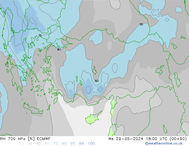 RH 700 hPa ECMWF Qua 29.05.2024 18 UTC