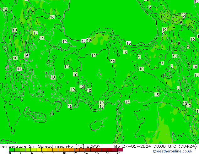 Temperatura 2m Spread ECMWF Seg 27.05.2024 00 UTC