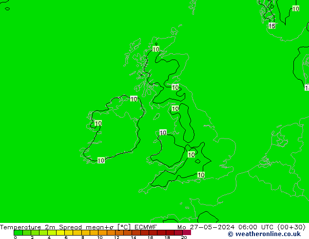 mapa temperatury 2m Spread ECMWF pon. 27.05.2024 06 UTC