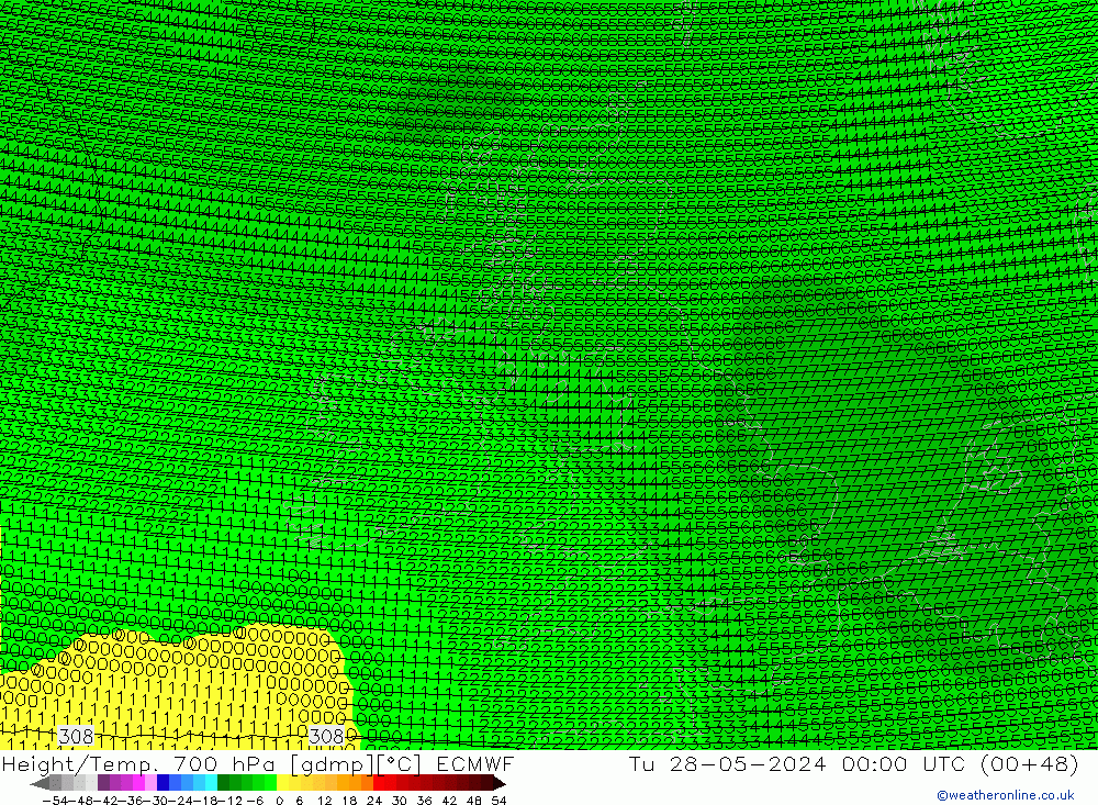 Height/Temp. 700 hPa ECMWF Út 28.05.2024 00 UTC