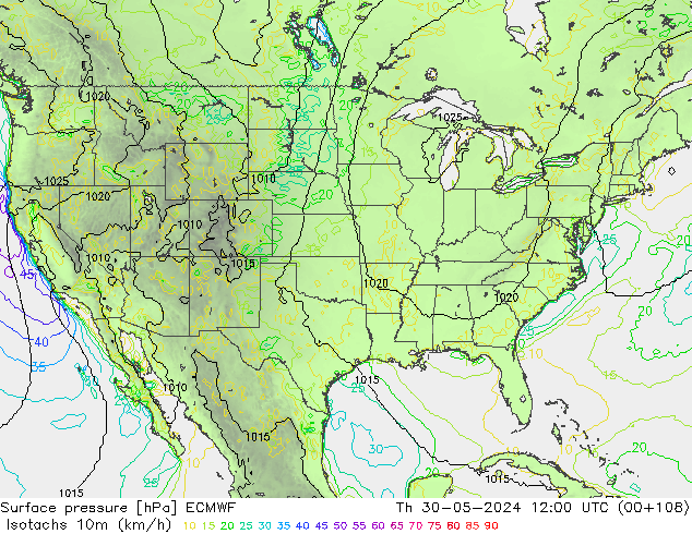 Isotachen (km/h) ECMWF do 30.05.2024 12 UTC