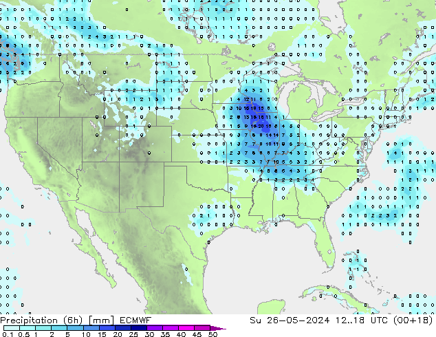 Totale neerslag (6h) ECMWF zo 26.05.2024 18 UTC