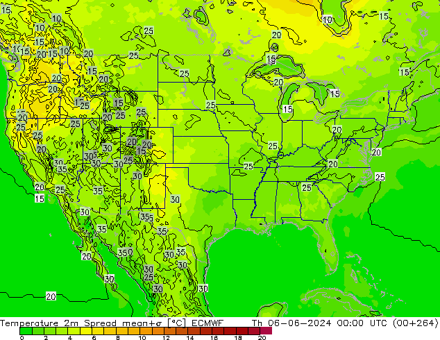 Temperatura 2m Spread ECMWF gio 06.06.2024 00 UTC