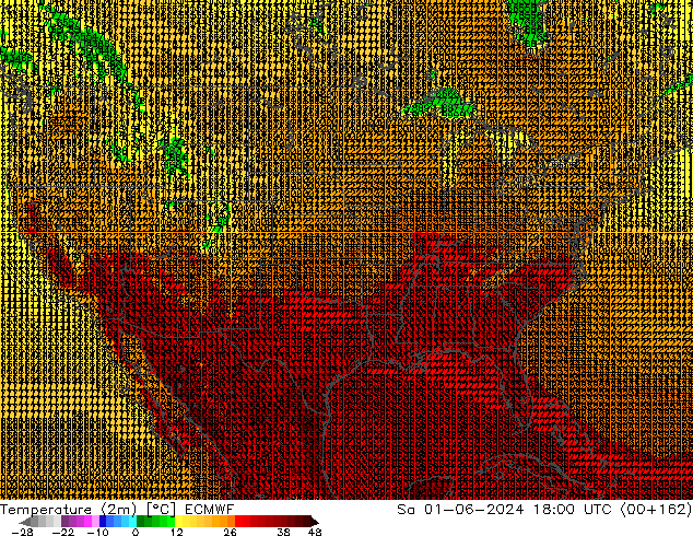 mapa temperatury (2m) ECMWF so. 01.06.2024 18 UTC