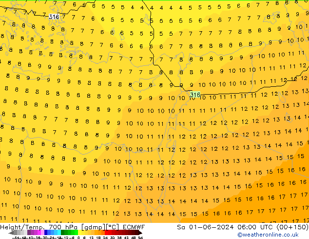 Geop./Temp. 700 hPa ECMWF sáb 01.06.2024 06 UTC