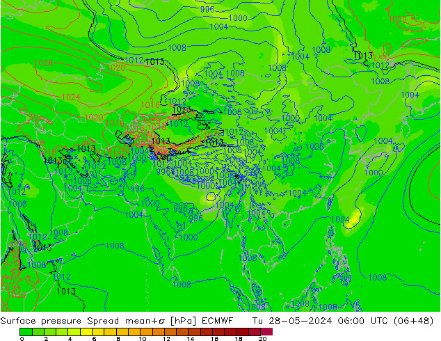 Atmosférický tlak Spread ECMWF Út 28.05.2024 06 UTC