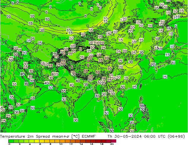 Temperature 2m Spread ECMWF Th 30.05.2024 06 UTC