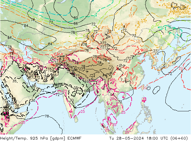 Height/Temp. 925 hPa ECMWF Tu 28.05.2024 18 UTC