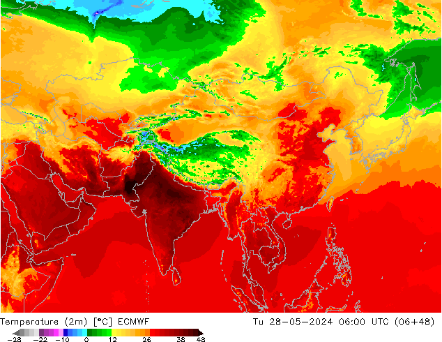 mapa temperatury (2m) ECMWF wto. 28.05.2024 06 UTC