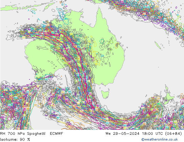 RH 700 hPa Spaghetti ECMWF śro. 29.05.2024 18 UTC