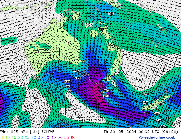 Viento 925 hPa ECMWF jue 30.05.2024 00 UTC