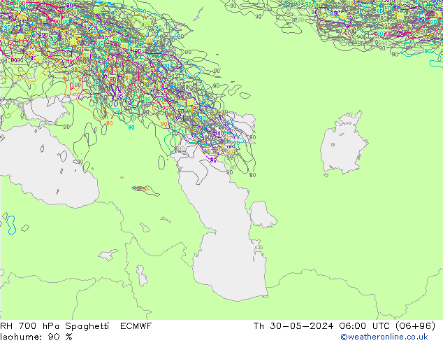 RH 700 hPa Spaghetti ECMWF Th 30.05.2024 06 UTC