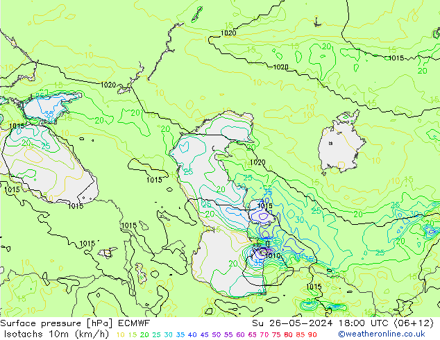 Isotaca (kph) ECMWF dom 26.05.2024 18 UTC