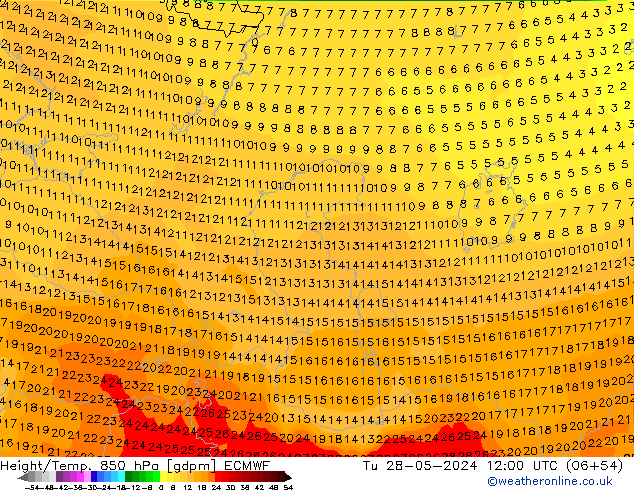 Géop./Temp. 850 hPa ECMWF mar 28.05.2024 12 UTC