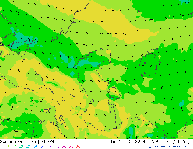 wiatr 10 m ECMWF wto. 28.05.2024 12 UTC