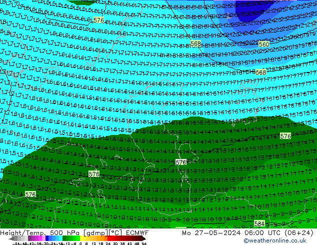 Height/Temp. 500 hPa ECMWF Mo 27.05.2024 06 UTC