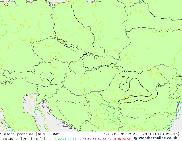 Isotachs (kph) ECMWF Su 26.05.2024 12 UTC