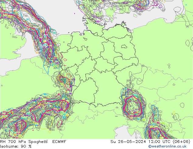 RH 700 hPa Spaghetti ECMWF Ne 26.05.2024 12 UTC
