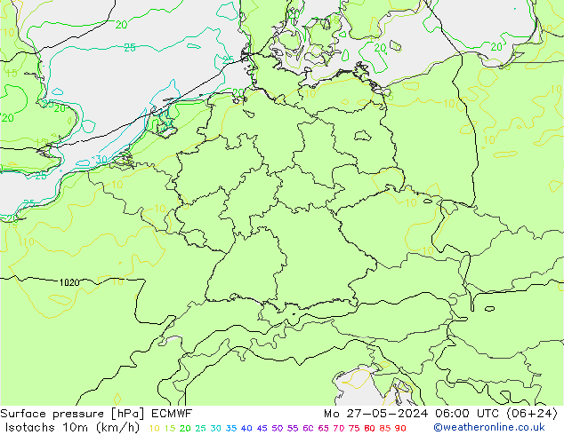 Isotachen (km/h) ECMWF Mo 27.05.2024 06 UTC