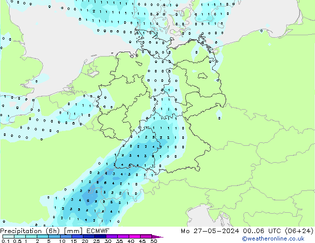 Precipitazione (6h) ECMWF lun 27.05.2024 06 UTC