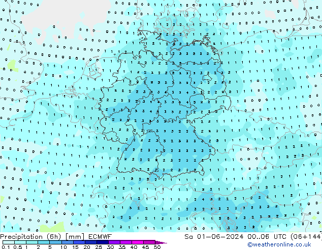 Precipitation (6h) ECMWF Sa 01.06.2024 06 UTC