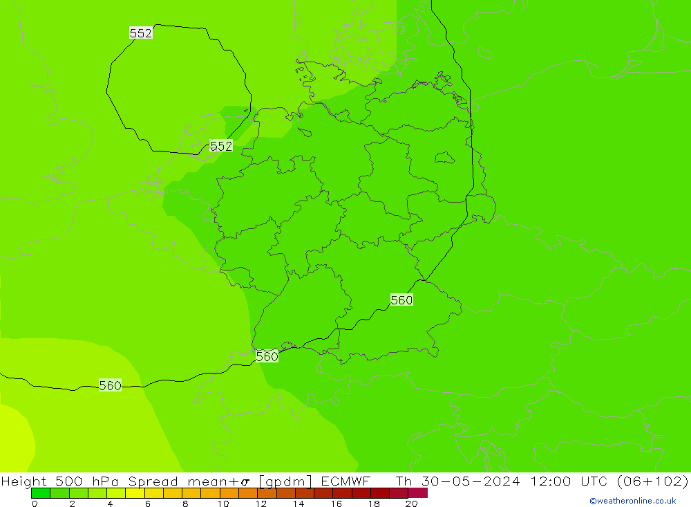 Height 500 гПа Spread ECMWF чт 30.05.2024 12 UTC