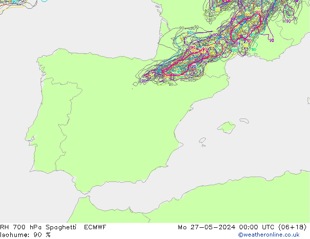 RH 700 hPa Spaghetti ECMWF  27.05.2024 00 UTC
