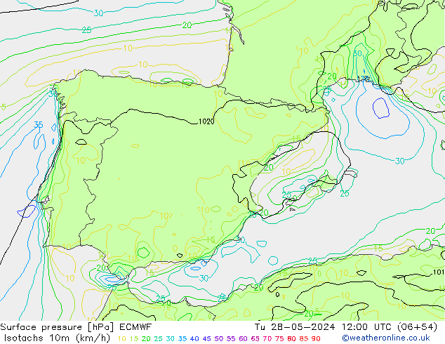 Isotaca (kph) ECMWF mar 28.05.2024 12 UTC