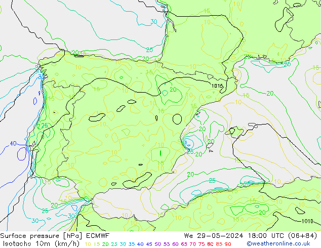 Isotachs (kph) ECMWF mer 29.05.2024 18 UTC